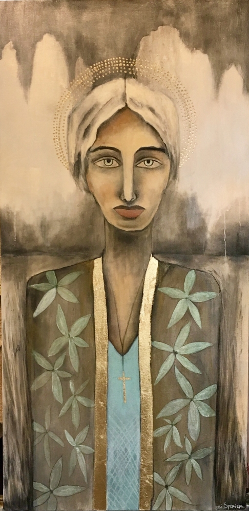 Adorned One by Lori Sperier | Acrylic, charcoal, pencil, gold leaf, iridescent acrylic Adorned One